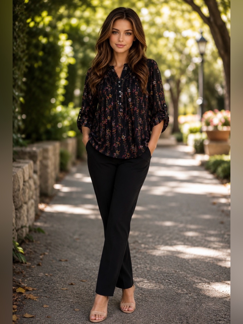 Daniel Rainn Black Floral Pintuck Button-Front Blouse - Picture 2 of 10